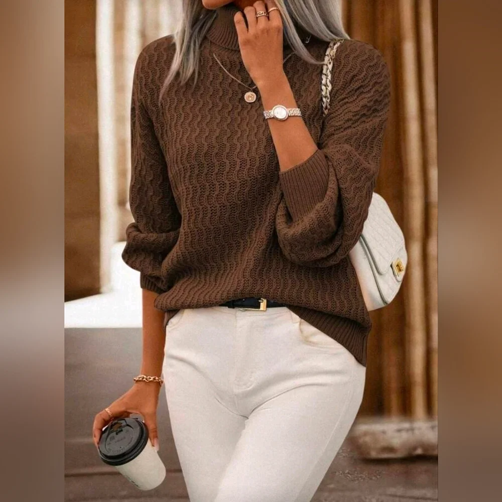 New Luxe Oversized Knit Turtleneck Sweater Top Deep Brown